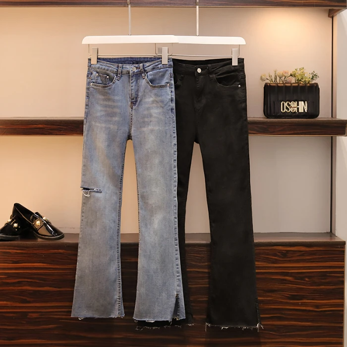 Women High Waist Jeans Korean Style Jeans Denim Flare Pants Washed High Streetwear Straight Hole Elastic Pants Women Plus size