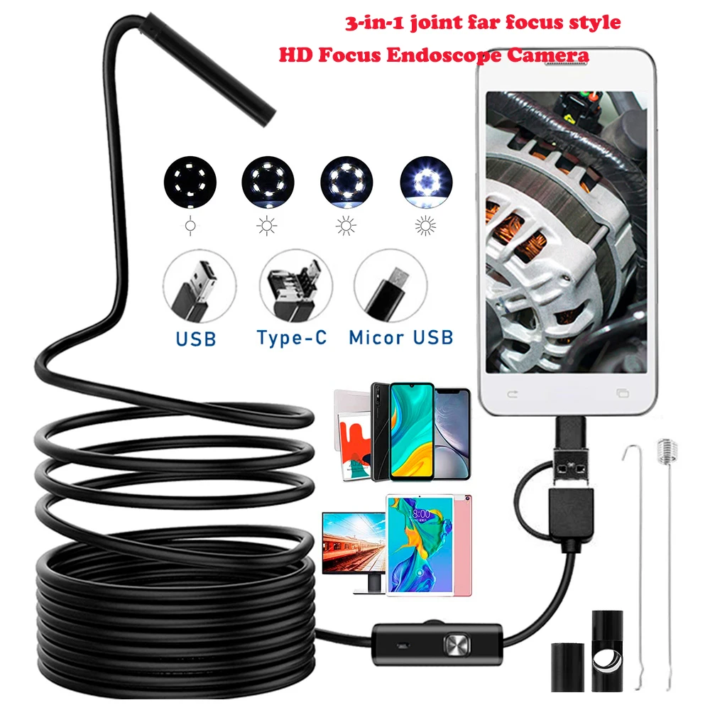 HD de enfoque de la cámara del endoscopio 6LED Flexible de 5,5mm de IP67 impermeable Micro boroscopio de inspección USB cámara para Android PC portátil