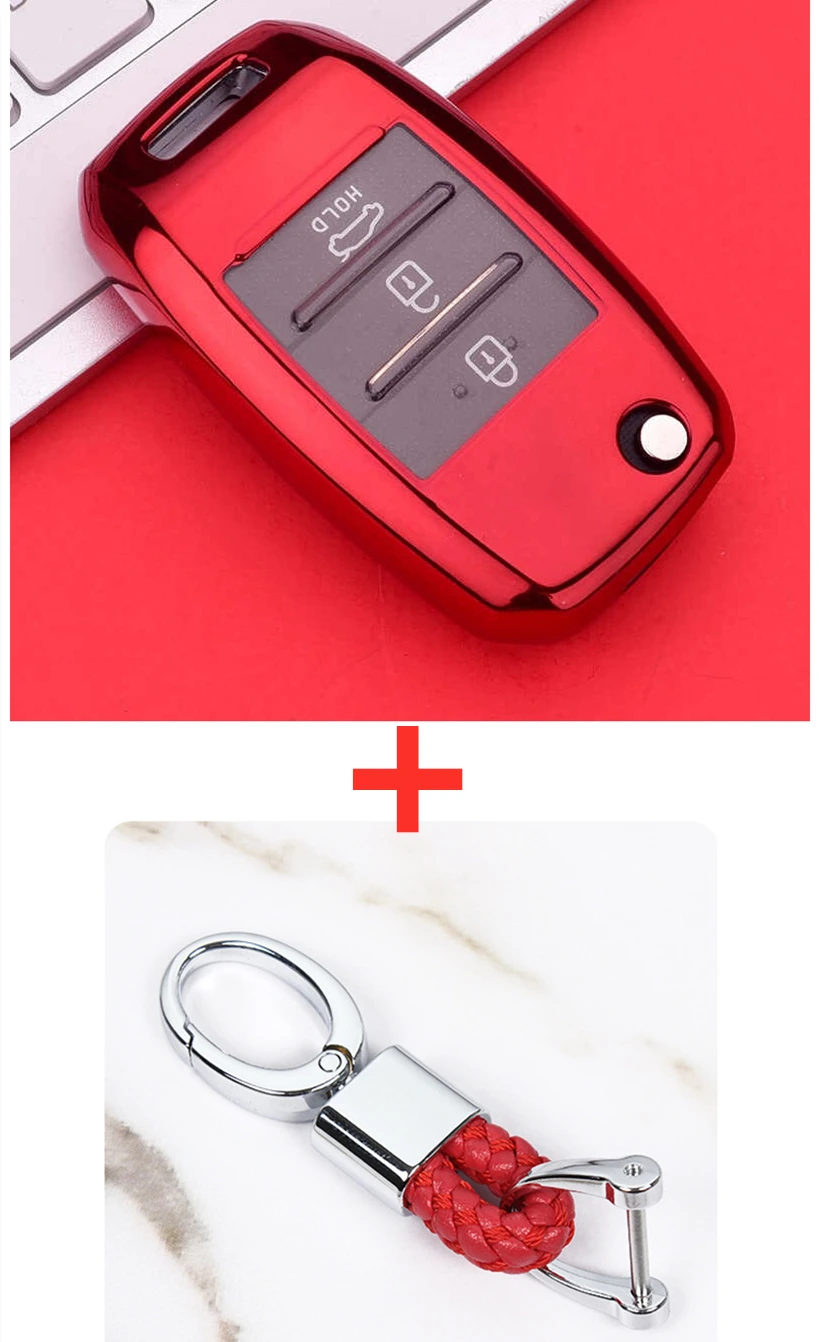 ТПУ чехол для ключей защитный чехол для KIA K3 Sorento Carens K5 K2 Cerato Forte откидной складной чехол для дистанционного ключа - Название цвета: red with keychain