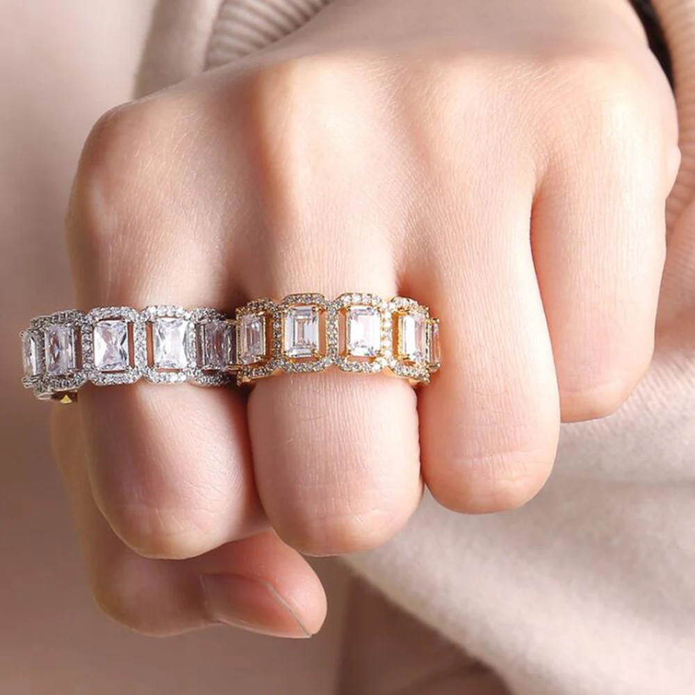 Мужская прямоугольная циркониевая кольцо в стиле хип-хоп Rock Micro Pave Shiny AAA CZ Золотое серебряное кольцо для пары для женщин Подарочные ювелирные изделия