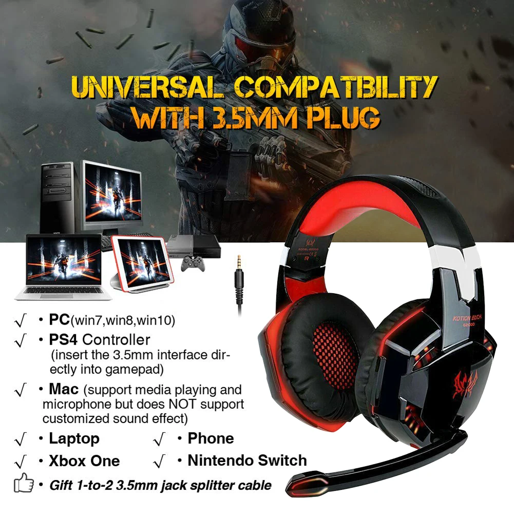 G2000 Gaming Headset For Laptop Desktop 3 5mm Wired Deep Bass Lighting Music Audio Sports Headphone with Microphone