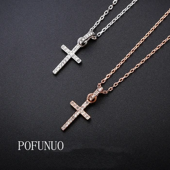 

POFUNUO Luxury Crystal Pendant Necklace classic cross Elegant Zircon Choker for Women Jewelry Brand Designer New free shipping