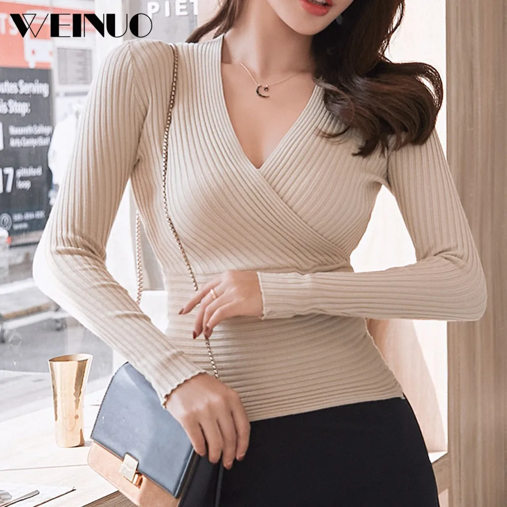 Women Sweater Winter Sweater 2019Top New Women V-Neck Solid Long Sleeve Cross Knitt Sweater Pullover Top Vrouwen Trui