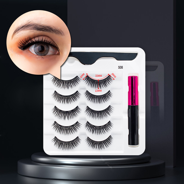 3/5/7Pairs Magnetic Eyelashes False Lashes Repeated Use Eyelashes Waterproof Liquid Eyeliner With Tweezer Makeup Set