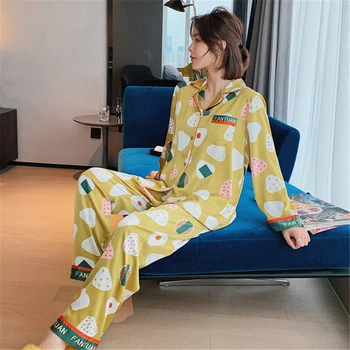 

Sexy sleepwear 2020 autumn new pajamas women's long-sleeve trousers two-piece suit cardigan silky home service ночнушка robe