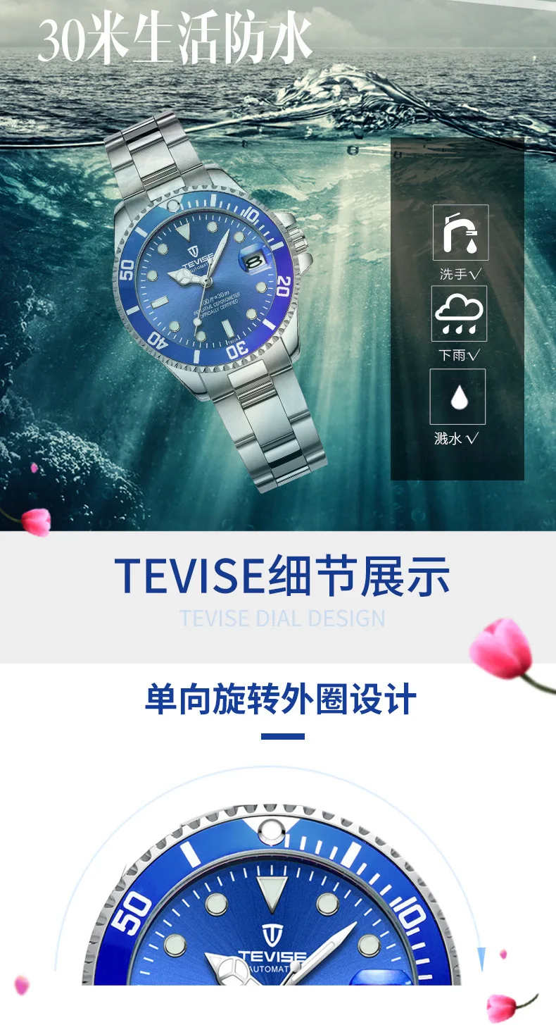 TEVISE Twiss T801 полностью автоматические Деловые женские механические наручные часы водонепроницаемые Календарь Повседневная для кормления
