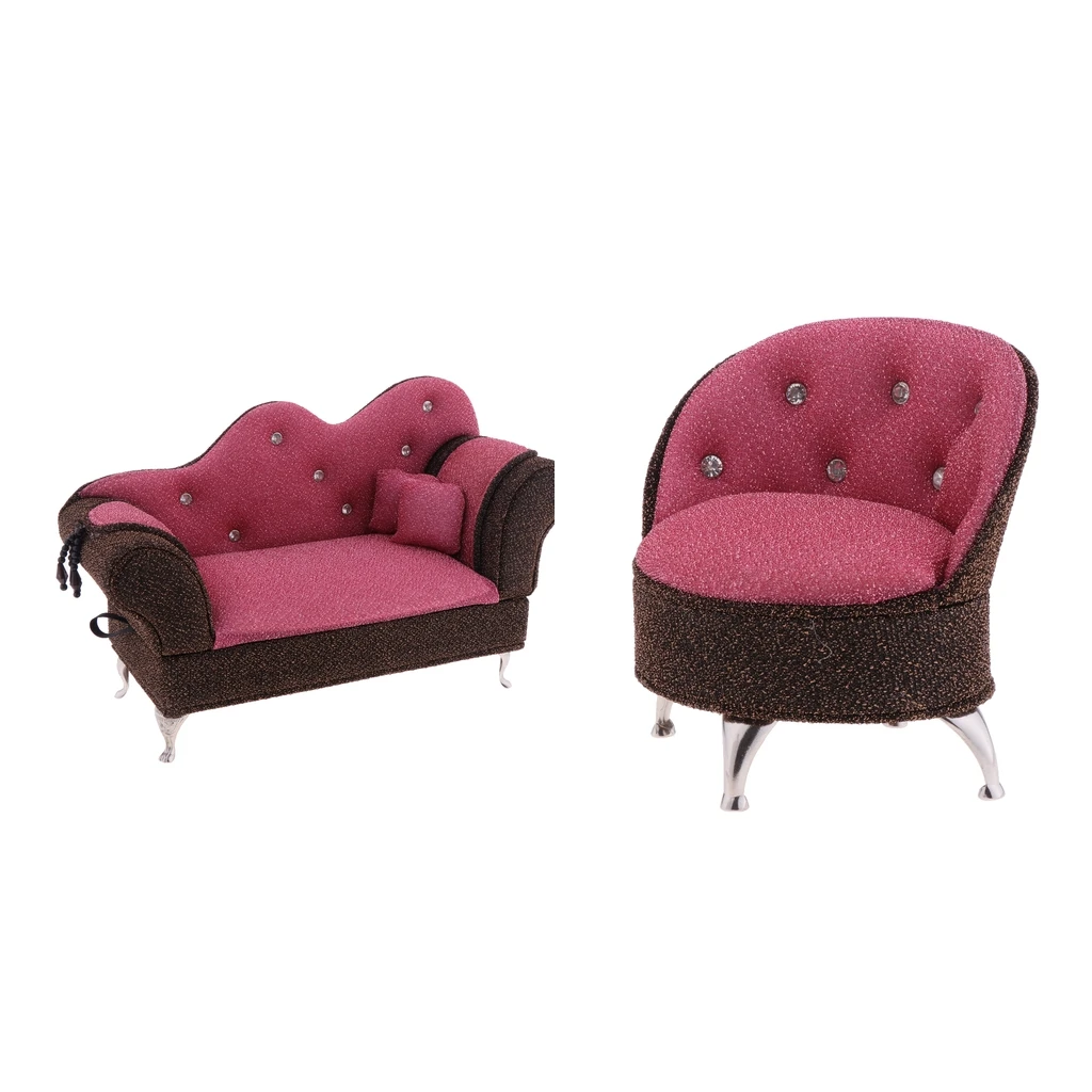 2pcs 1/6 Dollhouse Living Room Furniture Chaise & Single Sofa Set Jewelry Box Accessory