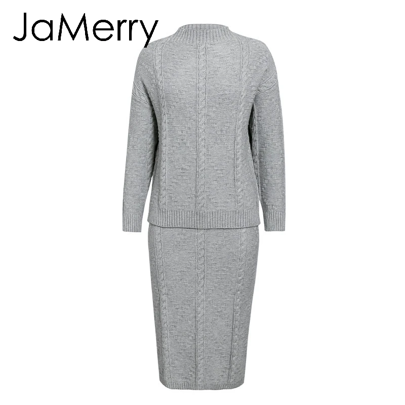 JaMerry Vintage elegant two piece set women knitted dress suit Autumn winter long sleeve ladies suit Party female sweater dress - Цвет: Серый