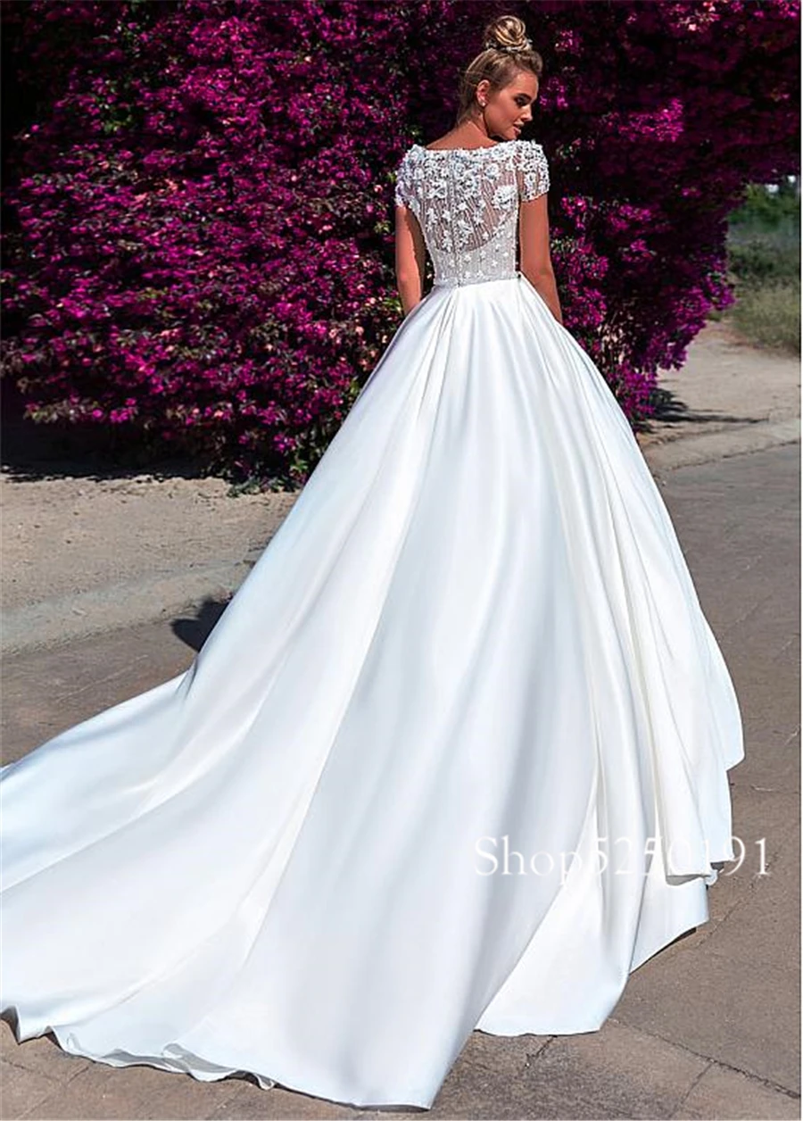 Потрясающие атласные свадебные платья трапециевидной формы с вырезом лодочкой с кружевной аппликацией 3D цветы с бисером Короткие рукава Свадебные платья