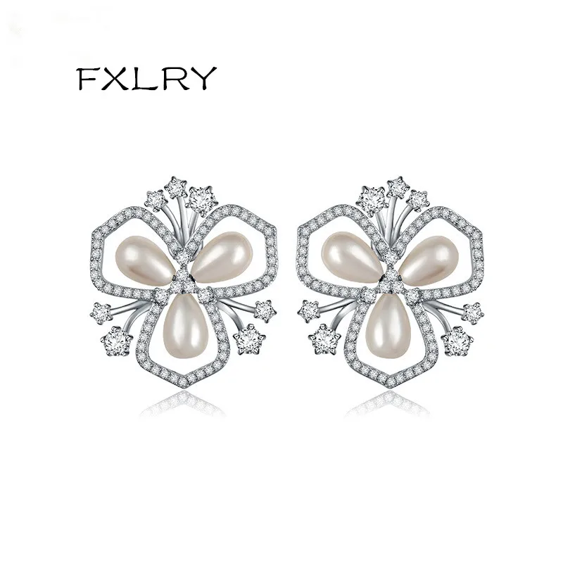 

FXLRY New Arrival White Color Cubic Zirconia Freshwater Pearls Sweet Flower Stud Earrings For Women Jewelry