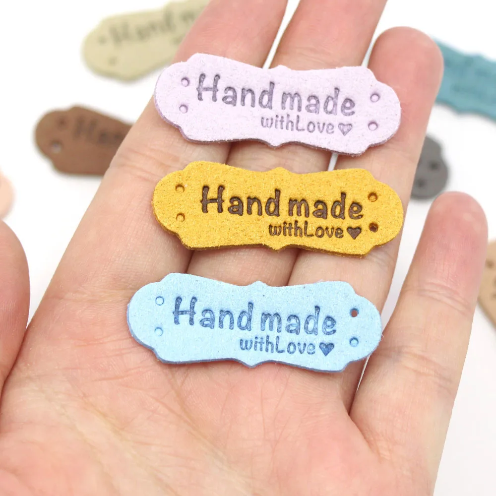Leather Labels 20Pcs PU Leather Labels Tags For Handmade DIY Hats Bags Hand Made With Love Label For Clothes Sewing Tags Garment Accessories