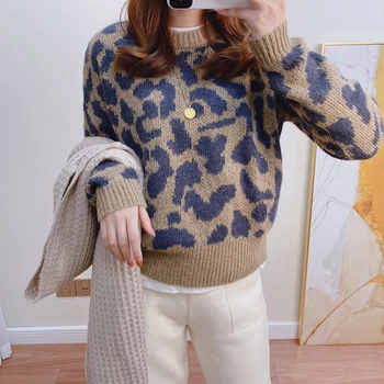 

Women Sweater New High Mohair Soft Round Neck Leopard Sweater Top