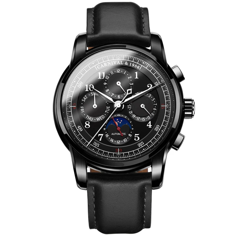 Многофункциональные автоматические часы мужские кожаный ремешок механические часы для деловых людей карнавальные мужские часы наручные часы Erkek Kol Saati - Цвет: black