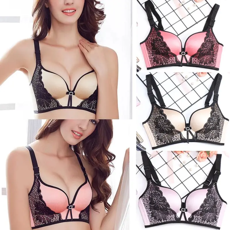 

Sexy Vimy Ice Silk Stitching Color Comfortable Lace Breathable No Trace No Steel Ring 3/4 Cup Gathered Back Closure 75-95B Bra.w