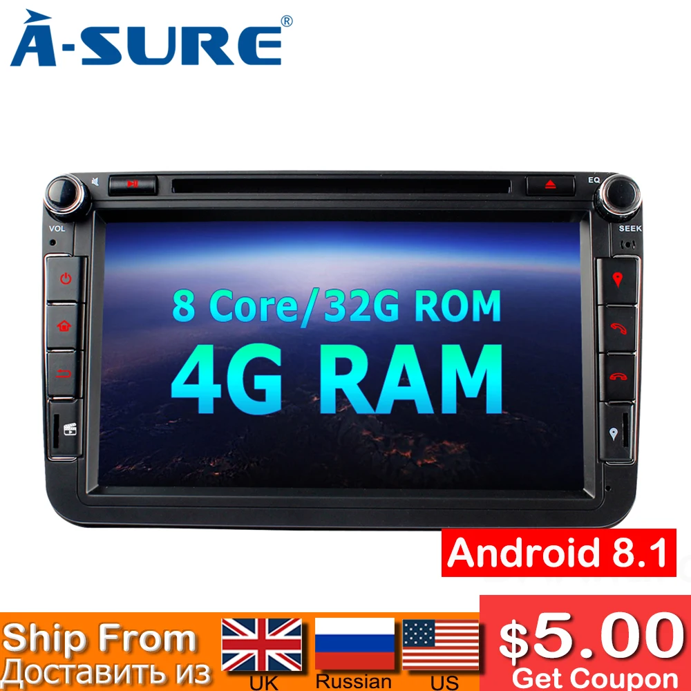 

A-Sure 2 Din 8 Core Android 8.0 Radio GPS DVD Navigation For Volkswagen VW GOLF MK5 MK6 PASSAT B6 TOURAN Polo Tiguan SEAT SKODA