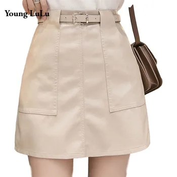 

Girl New Autumn Winter PU Leather Women Mini Skirts Womens Side Pockets Belt Streetwear Short A Line Skirt Elegant Bottoms S-2XL