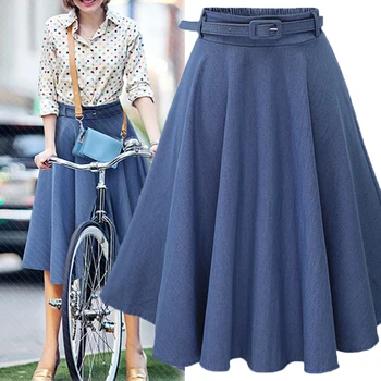 

Vintage Denim Women Solid Denim High Waist Dress Casual A-line Slim Blue Jeans Skirt With Belt Elegent Summer Thin Sashes skirt