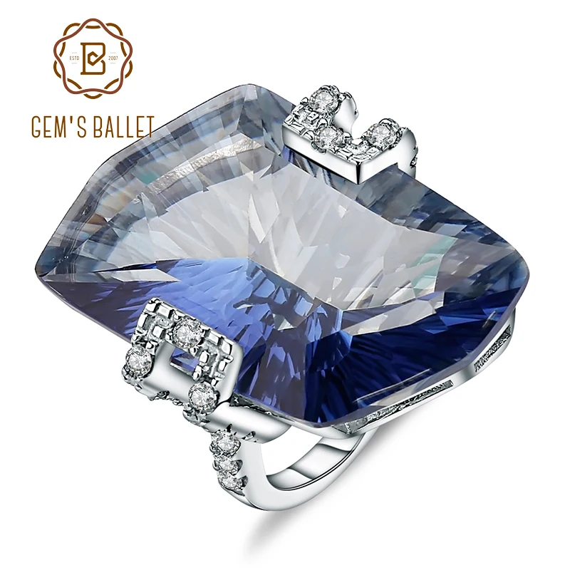GEM'S BALLET 21.20Ct Natura Iolite Blue Mystic Quartz Gemstone Cocktail Rings 925 Sterling Silver Fine Jewelry for Women silver ring silver rings gemstone ring natural stone ring
