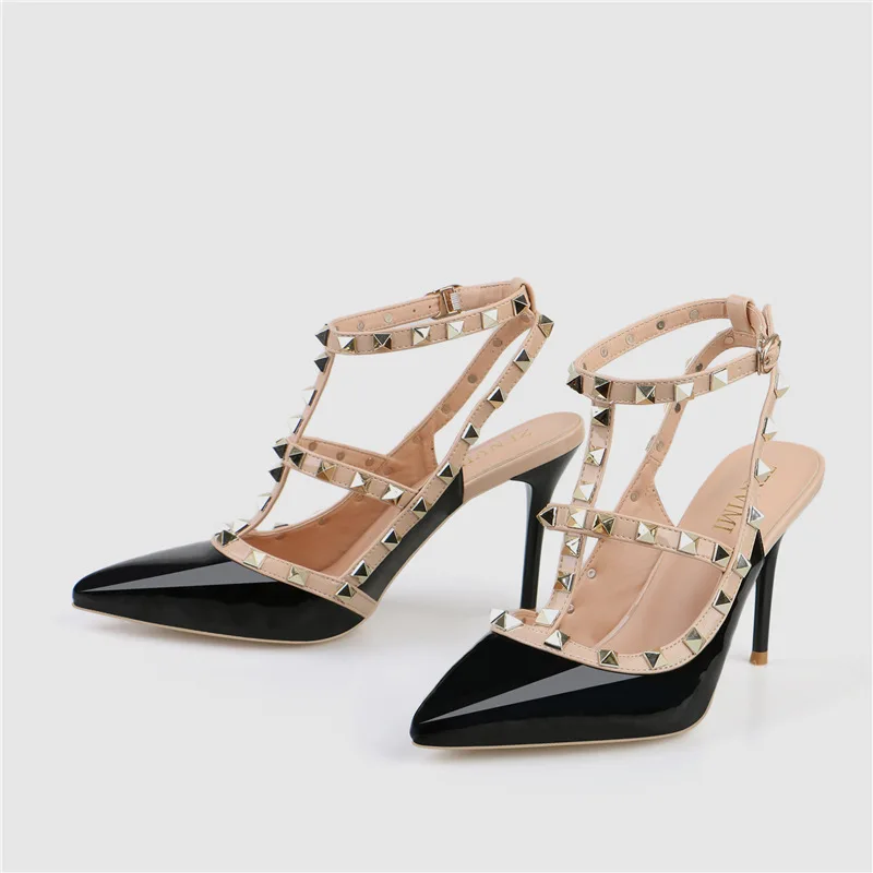 

2-1 Rivet Cool Shoes New Style Pointed-Toe Thin Heeled Summer Europe And America Shallow Mouth Single Shoes Viscose Shoes High H