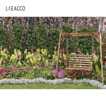 

Laeacco Spring Summer Photophone Photo Background Baby Shower Photography Backdrop Swing Green Grass Flowers Photocall Photozone