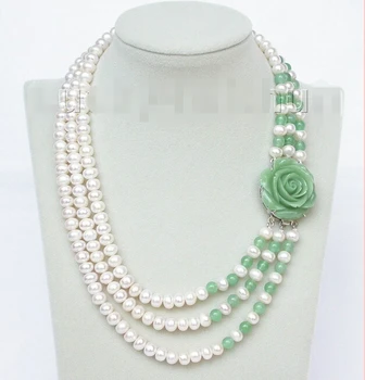 

good shipping 17"-20" 8mm 3row round white freshwater pearls green necklace