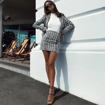 

Vintage 2 Piece Sets Plaid Blazer Women Buttons Double Breast Office Lady Blazer Suits Work Wear Blazer Suits