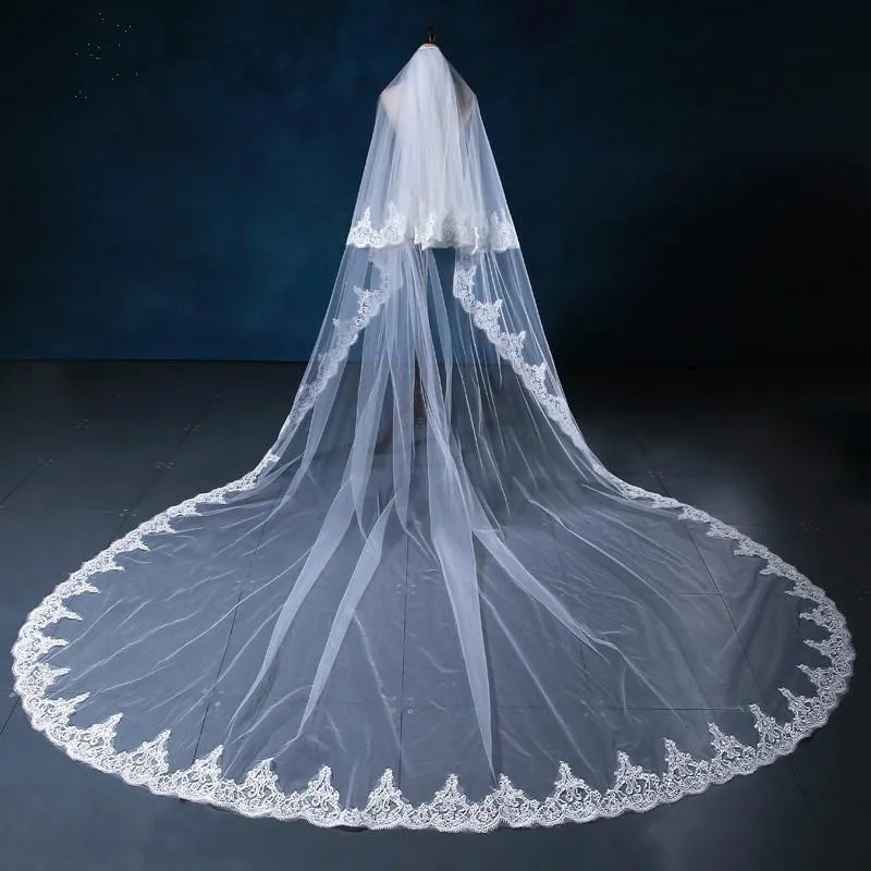 

White and Ivory Cathedral Length Bridal Veil Lace Edge Wedding Accessories with Comb Veu De Noiva longo