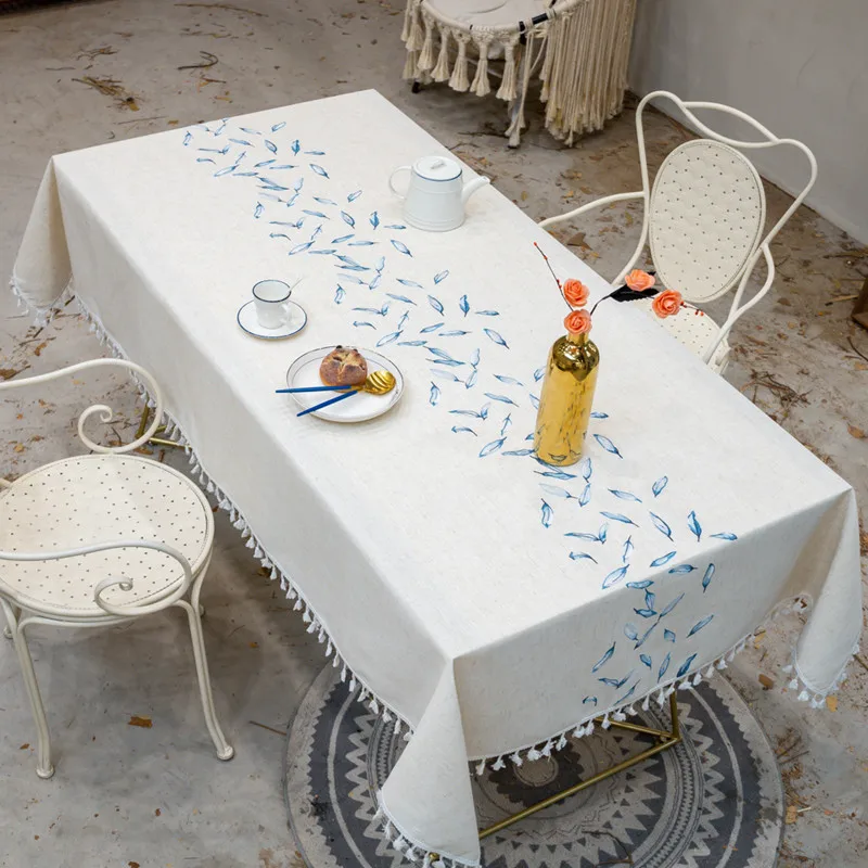 

Embroidery Feather Decorative Linen Tablecloth With Tassel Waterproof Oilproof Thick Rectangular Wedding Dining Tea Table Cloth
