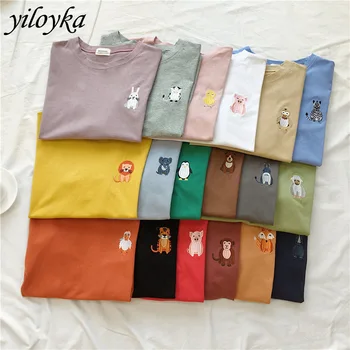 

New summer cute animal embroidery t-shirt women short sleeve O-Neck t-shirt women's Harajuku unisex shirt BF student tshirt