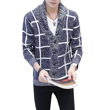 

Fall and Winter 2019 Men's Chequered Outerwear Korean Edition Slim Knitted cardigan Individual Leisure Sweater Men