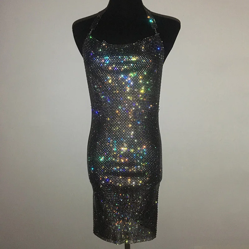 Сексуальное прозрачное мини-платье с лямкой на шее, блестящее, бриллиантовое, с низким вырезом, с открытой спиной, с разрезом по бокам, вечерние, Клубная одежда, мини-платья