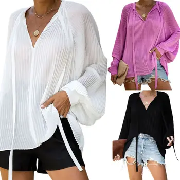 

Women Batwing Long Sleeves Shirts Pleated Wrinkled Chiffon Pullover Tops with Long Ribbon Lady Casual Loose Sexy V-Neck Blouse