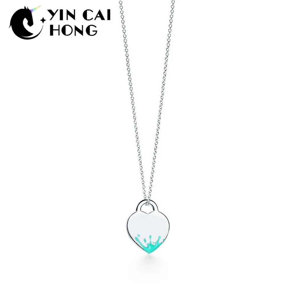 

NEW 100% 925 Sterling Silver Colored Splash Heart-shaped Charm Necklace Original Jewelry Charming Women Gift