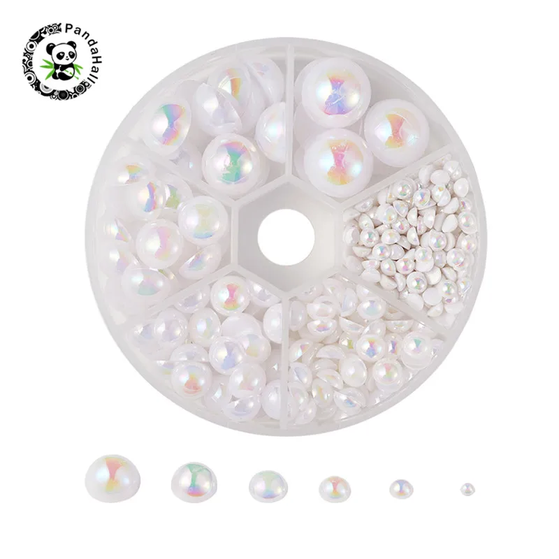 

pandahall 1 Box Acrylic Cabochons Imitation Pearl AB Color Plated for Jewelry Findings Making Half Round WhiteSmoke 4~14x2~7mm