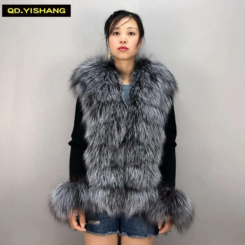 

women real fur coat real silver fox fur coat woolen knitting with fox collar warm winter Short coat