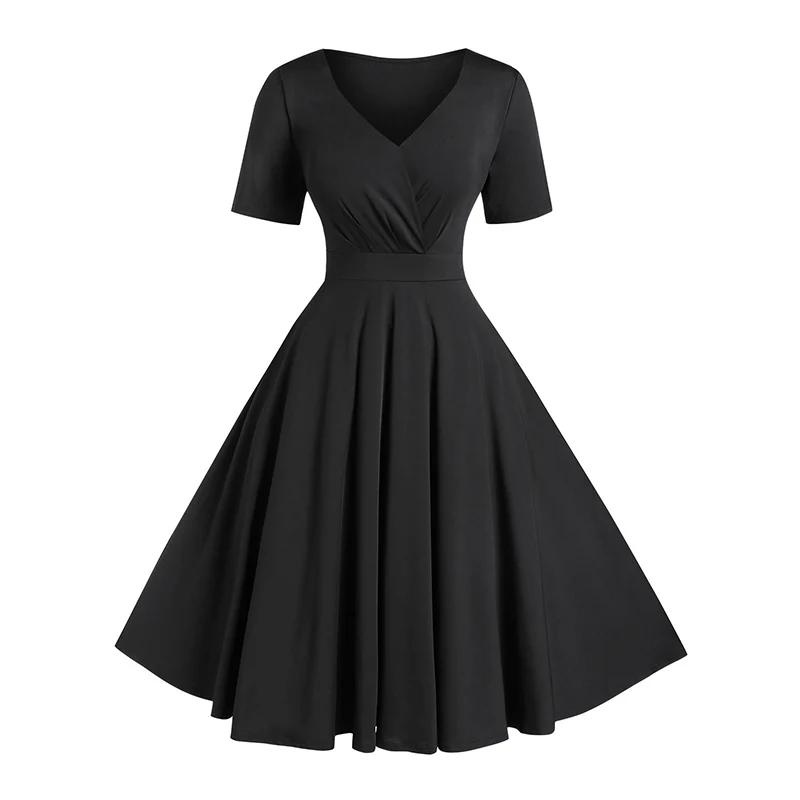 

ROSEGAL Plus Size Solid High Waist V Neck Vintage Dress Short Sleeves A-Line Solid Dress Women Classic Sexy Party Maxi Dress