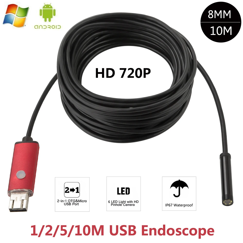 Android USB эндоскоп 2в1 2MP 1 м 2 10 HD камера 8 мм Водонепроницаемая Змея осмотр