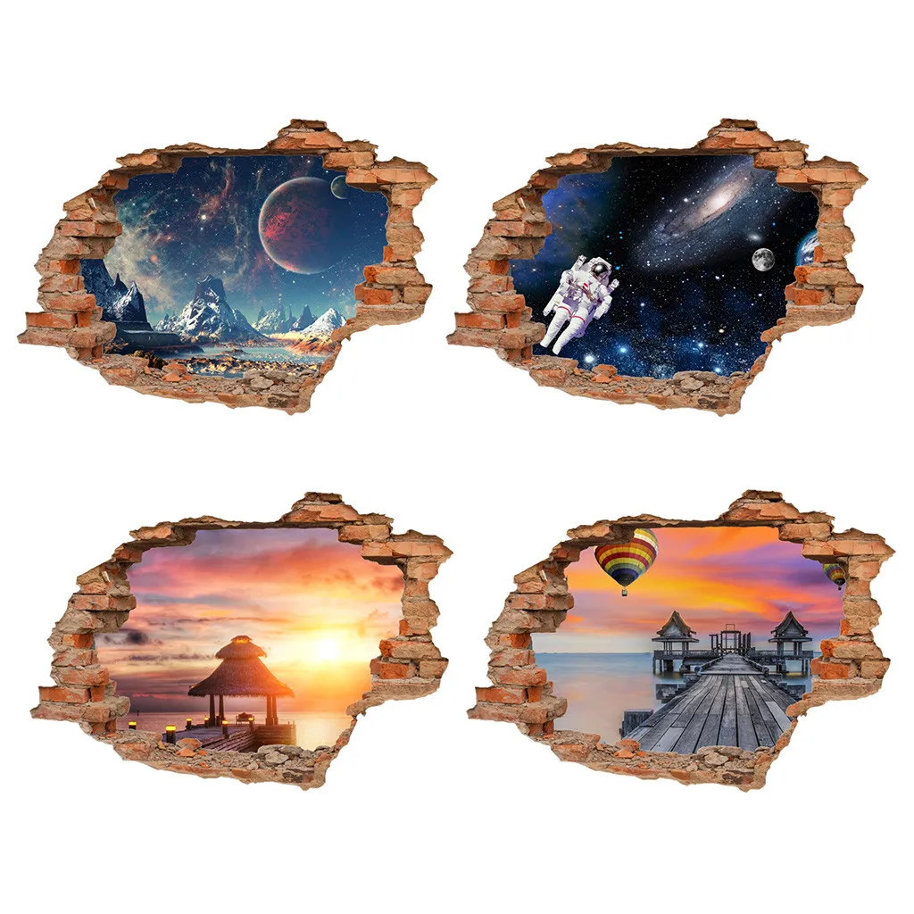 KAKUDER Wall Sticker landscape Ocean Blue Sky 3D Effect Painting Window Hole Home Decals Decor #2 | Дом и сад