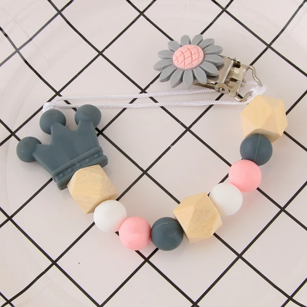 Детская Соска-пустышка с цепочкой в виде подсолнуха с силиконовыми бусинами для прорезывания зубов, жевательные игрушки, детские зажимы для пустышки - Цвет: Grey