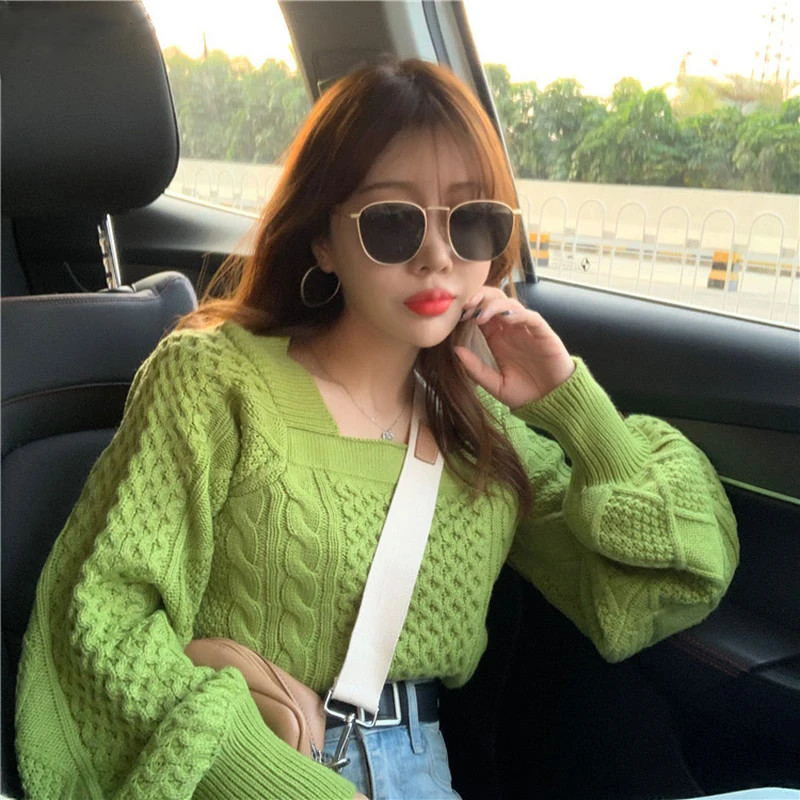 

Vintage Twist Knitted Sweater Women 2020 New Square Collar Pullovers Korean Chic Puff Sleeve Tops Jumper Sweet Pull Femme