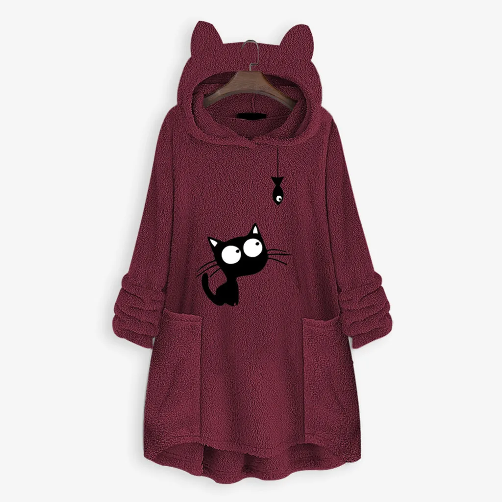 Женское худи с кошачьими ушами, платье Kawaii, большой размер, Длинная толстовка, осенняя Женская флисовая туника с вышивкой и карманами, черный, розовый, 5XL, moletom
