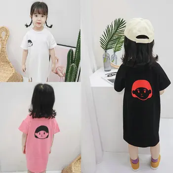 

Thunderers New Summer Casual Girls Dresses 3 Colors Cartoon Cute Doll Head Short Sleeve Simple Loose Fashion Princess Dress