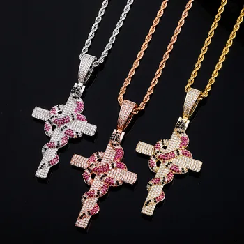 

AAA CZ Iced Out Zircon Cross Necklace Crystal Snake Pendant Necklaces Rock Hip Hop Gold Chain Punk Male Jewelry Gifts