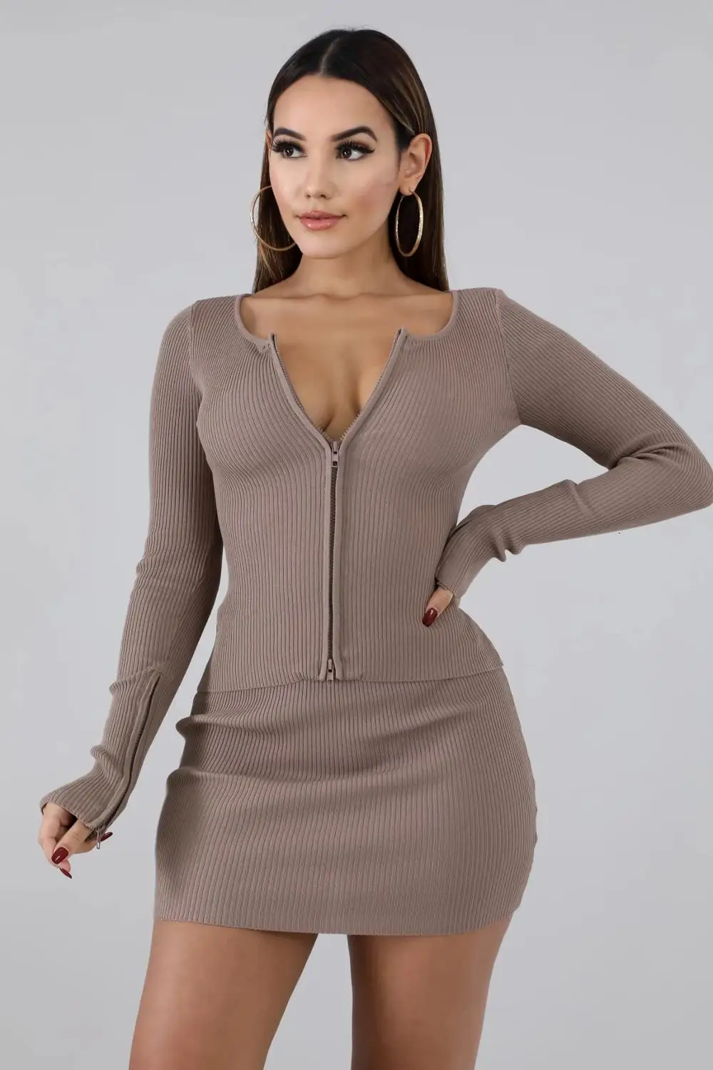 KGFIGU Kylie jenner ribbed tops and skirts sets Summer two pieces sets sexy zipper full sleeve brown matching sets outfits