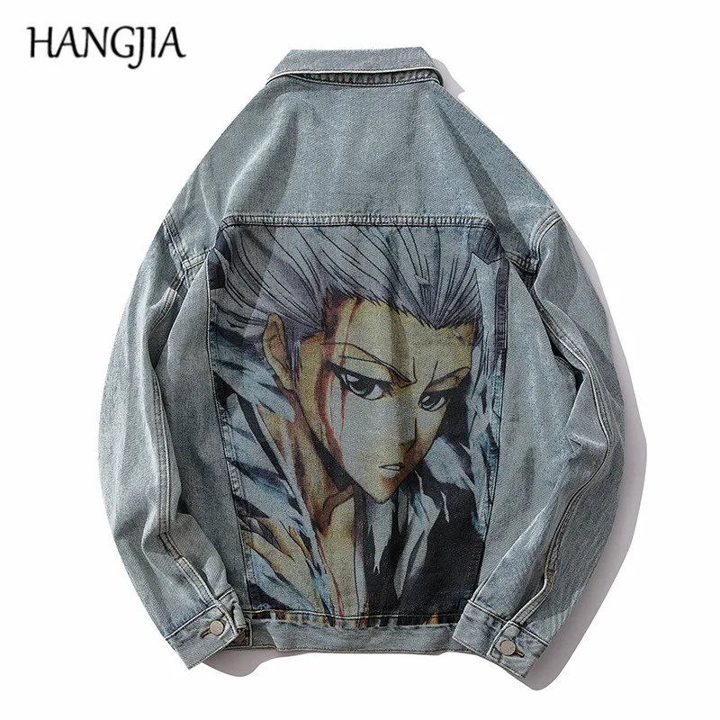 

Japanese Streetwear Denim Jacket for Men Anime BLEACH Printing Jackets and Coats Oversize Blue Jeans Jacket Male 2019
