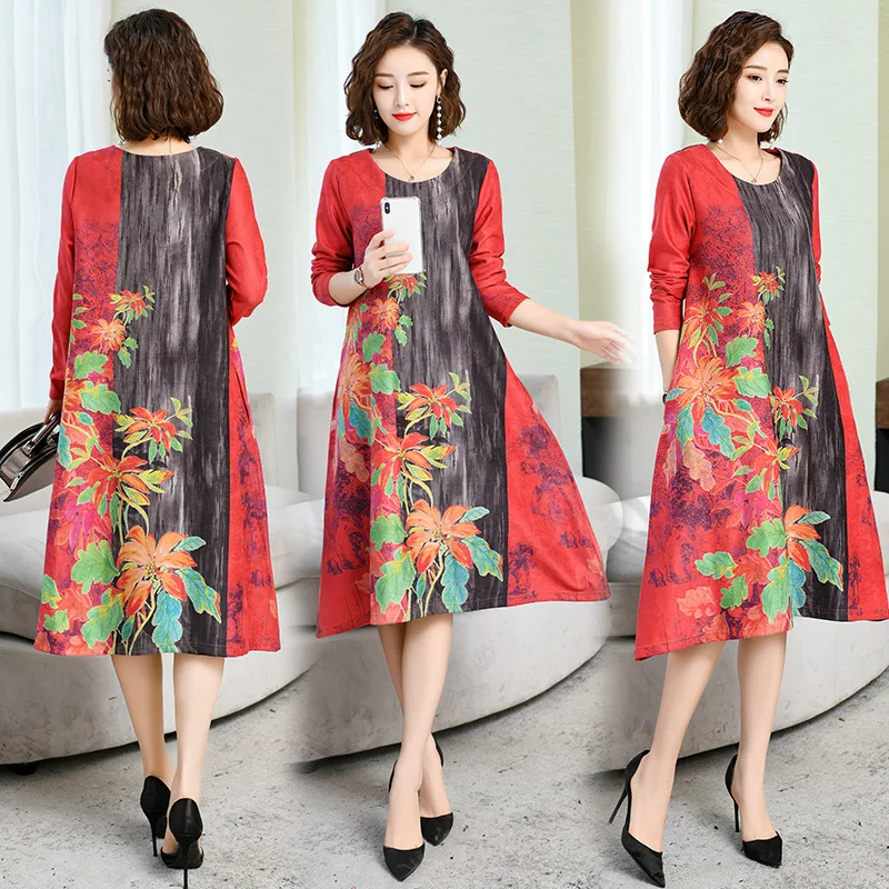 

Dress 2019 Autumn And Winter New Style Printed Mid-length Young-Style Large Size Fat Mm Loose Waist Big Hemline-Shaped Base