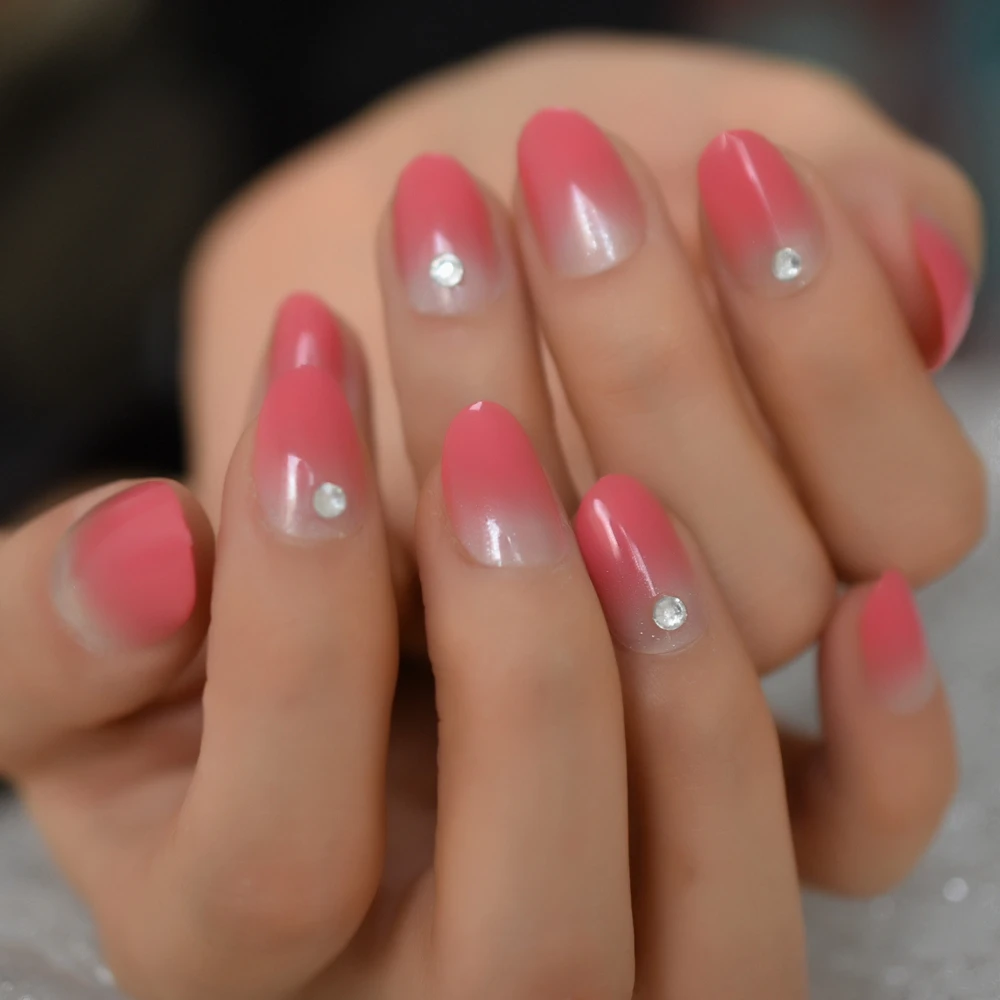 Glossy Ombre Gradient Pink French Oval Press On False Nails Natural Short Round Uv 3d Rhinestones Faux Ongles Fake Fingers Nail False Nails Aliexpress