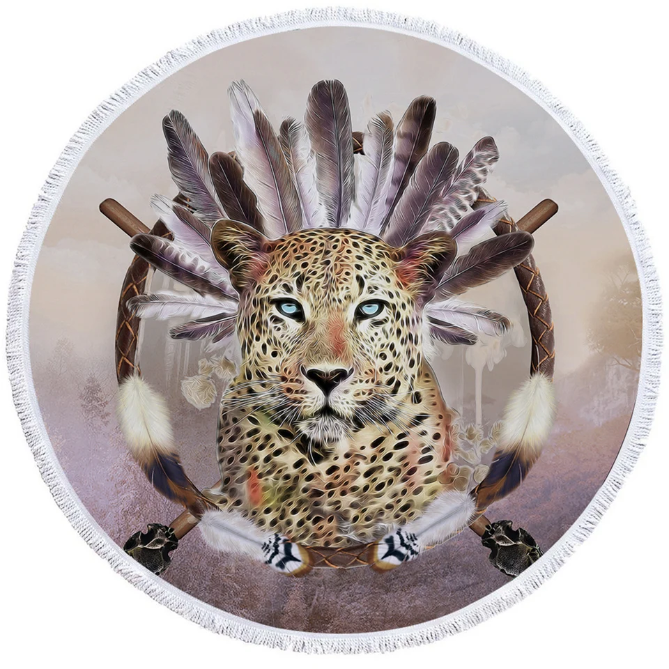 Постельное белье Outlet Dreamcatcher большое круглое пляжное полотенце 3D Волк лев тигр банное полотенце с кисточкой животное Леопард Племенной коврик для пикника 150 см