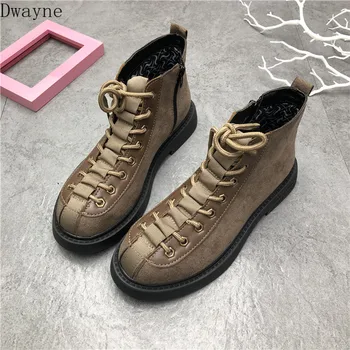 

2019 autumn and winter new lace retro Martin boots round head casual art Sen forest boots women's flat with a single boot