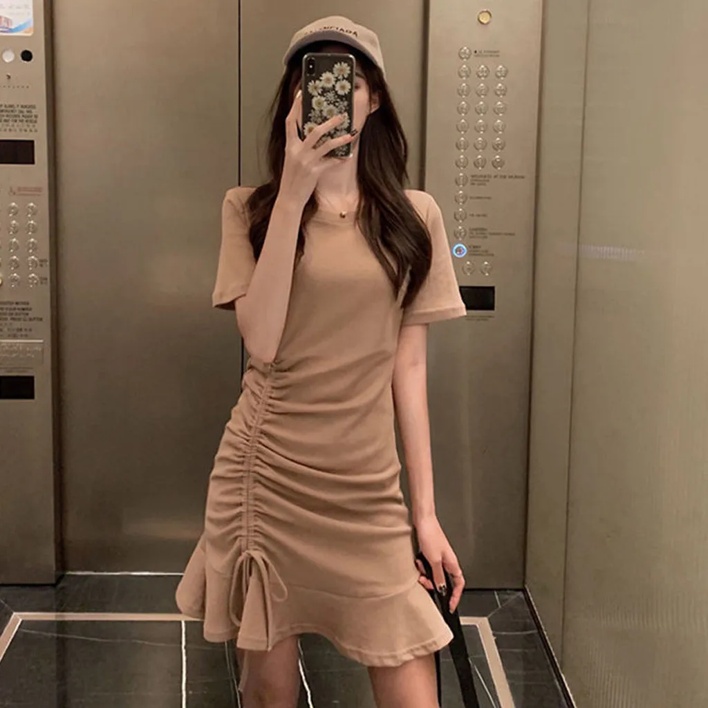 Jaycosin Fashion Summer Casual O-Neck Short Sleeve Elegant Women Summer Long Dress Ladies Slim Thin Solid Ruffles Knee Dress 319
